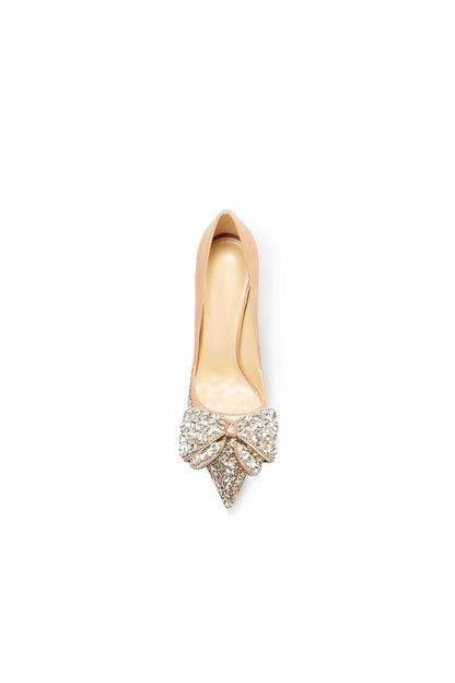 Gold Stiletto Heel Bow Mid Heel Pumps