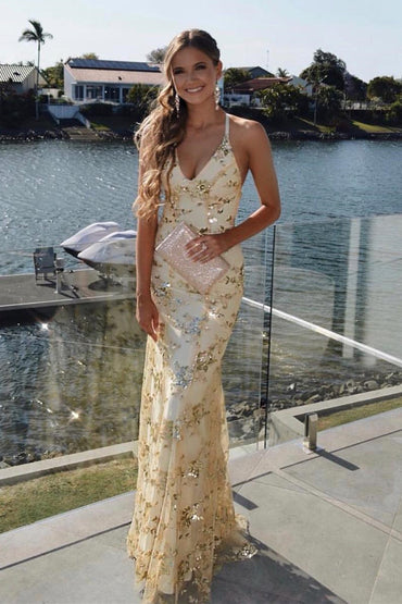 Roycebridal Kara | Lace-Up Mermaid Long Gold Prom Dress with Sequins