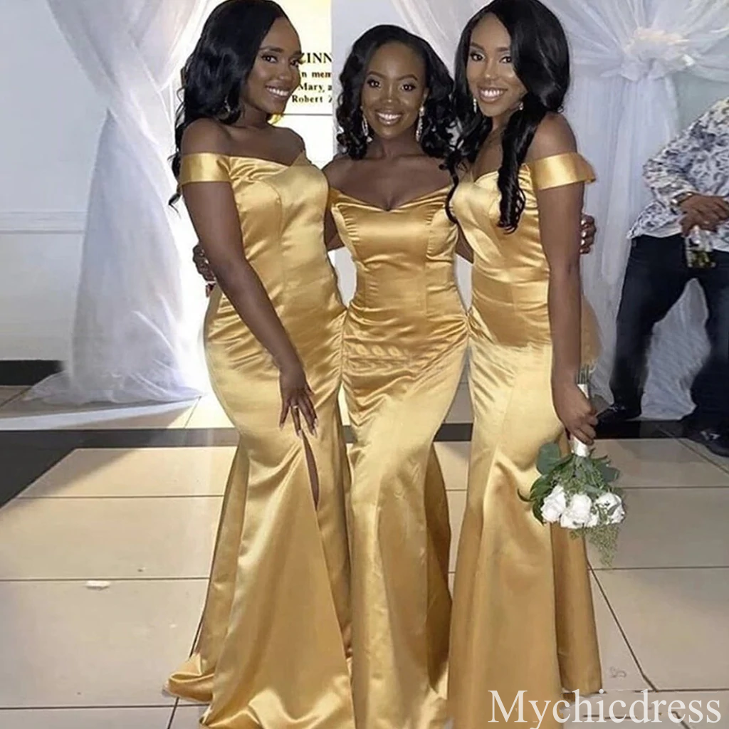 Sexy African Gold Bridesmaid Dresses Mermaid Cheap Guest Gowns