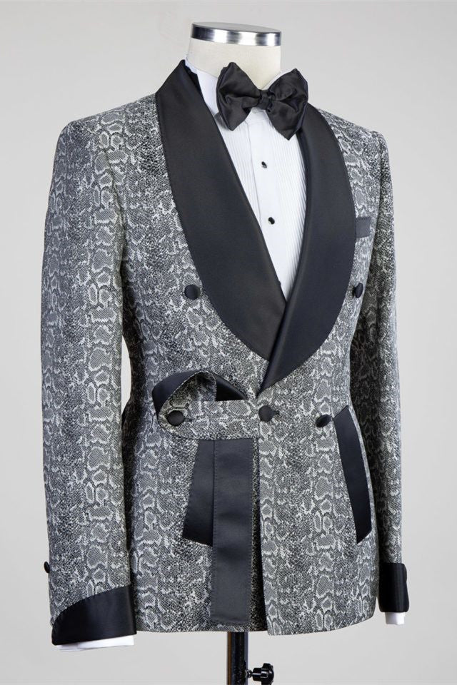 Gray Double Breasted Jacquard Wedding Men Suits with Black Lapel-showprettydress