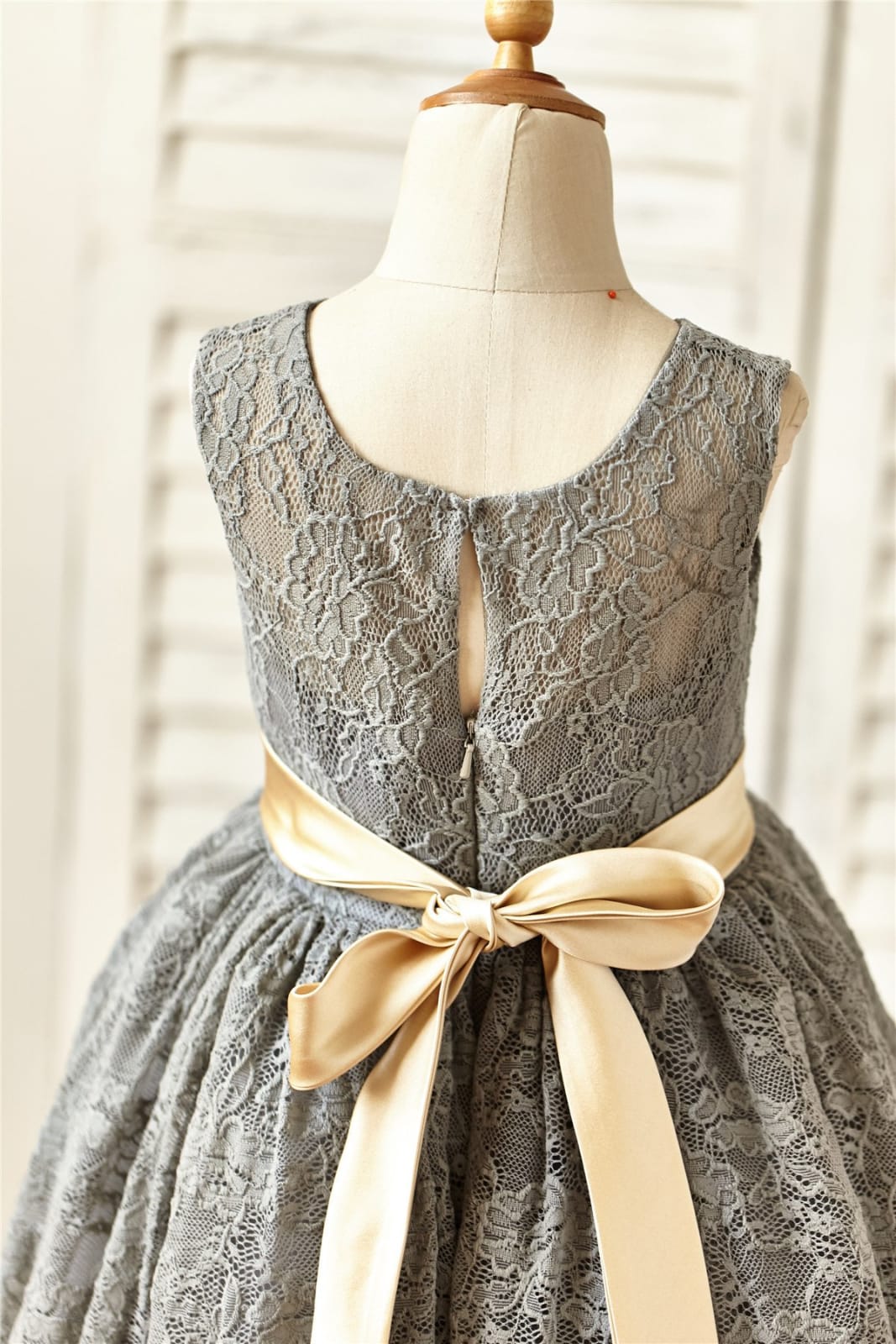 Grey Lace Flower Girl Dress with Champagne Sash / Flower