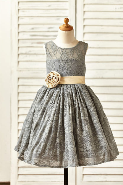 Grey Lace Flower Girl Dress with Champagne Sash / Flower