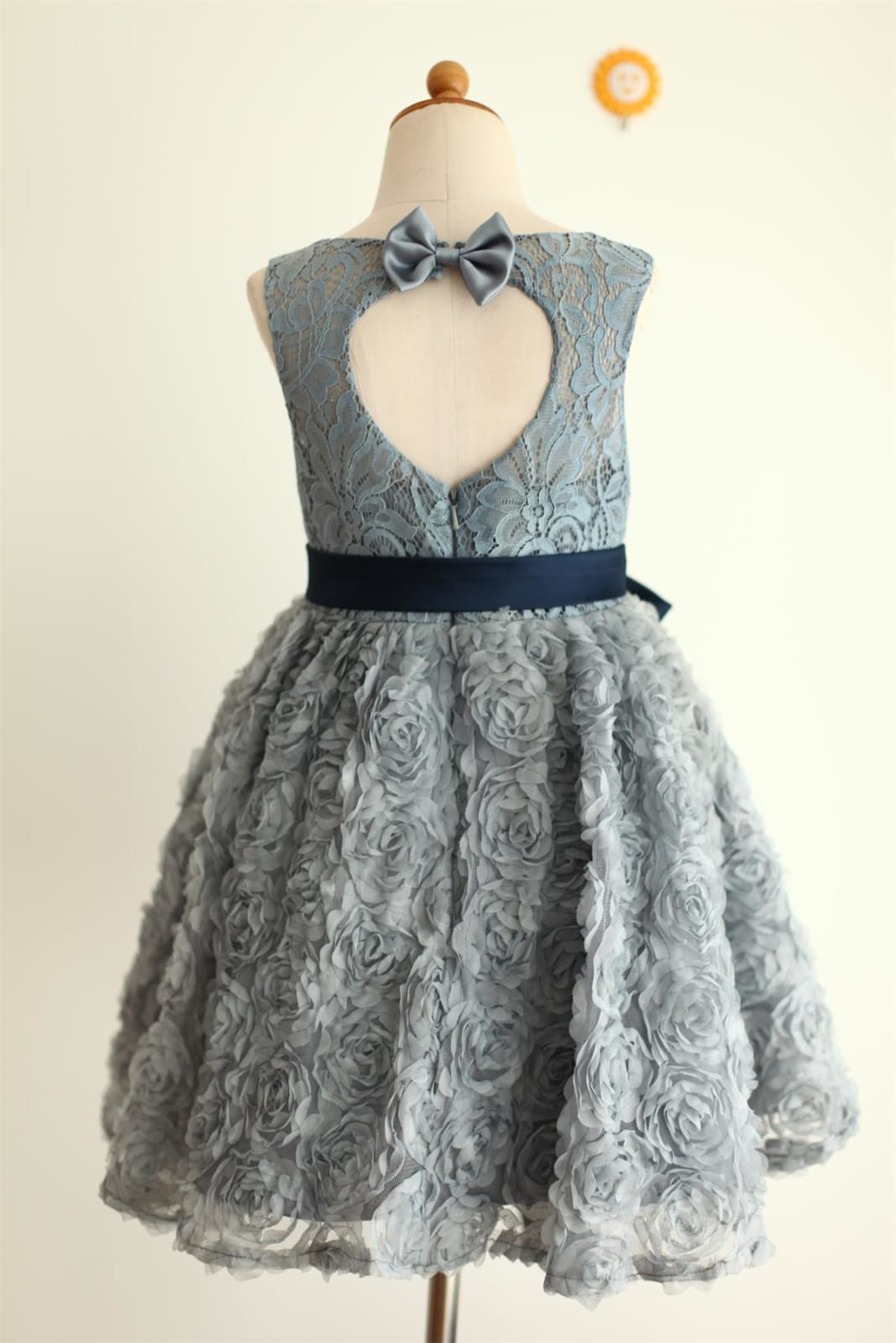 Gray Lace Rosette Keyhole Back Flower Girl Dress