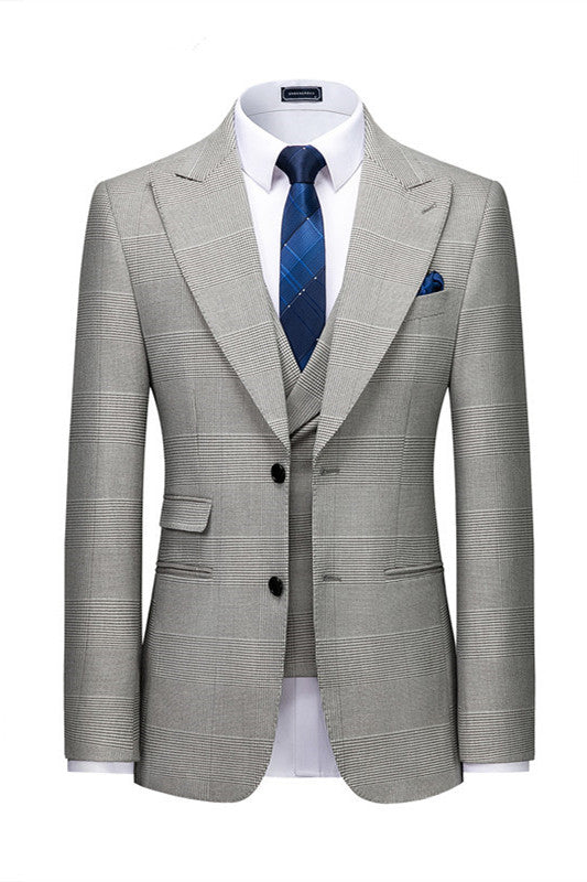 Gray Plaid Designer Peaked Lapel Slim Fit Men Suit for Prom-showprettydress