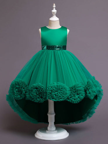 Green Jewel Neck Sleeveless Bows Tulle Cotton Sequined Kids Party Dresses-showprettydress