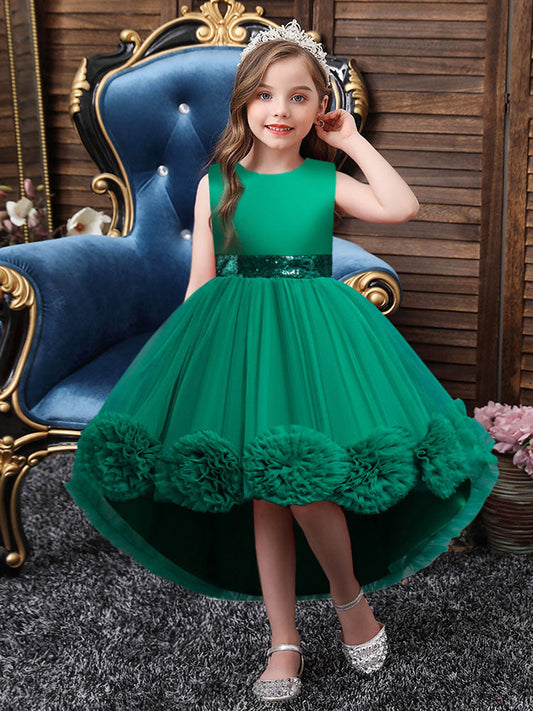 Green Jewel Neck Sleeveless Bows Tulle Cotton Sequined Kids Party Dresses-showprettydress