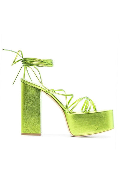 Green Lace Up Leather High Heel Platform Sandals