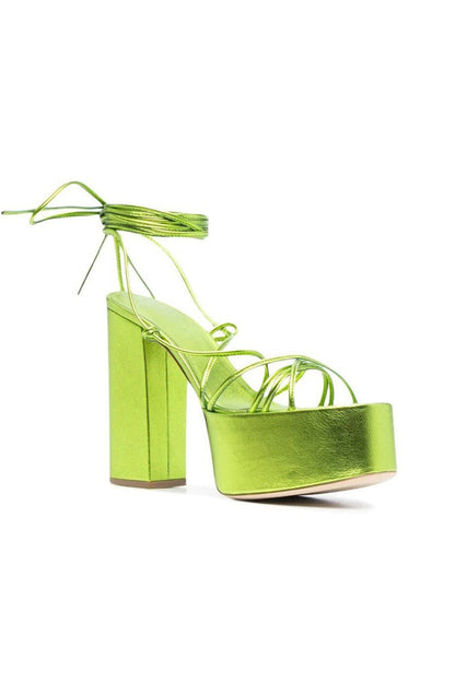 Green Lace Up Leather High Heel Platform Sandals