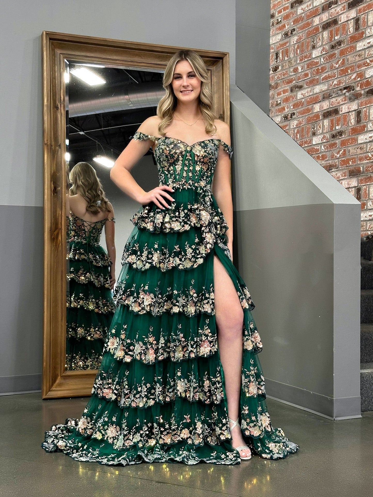 Roycebridal Green Princess A Line Off the Shoulder Corset Prom Dress with Lace Ruffles