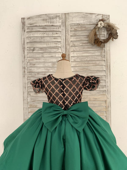 Hi-Low Green Satin Rose Gold Sequin Tulle Cap Sleeves 