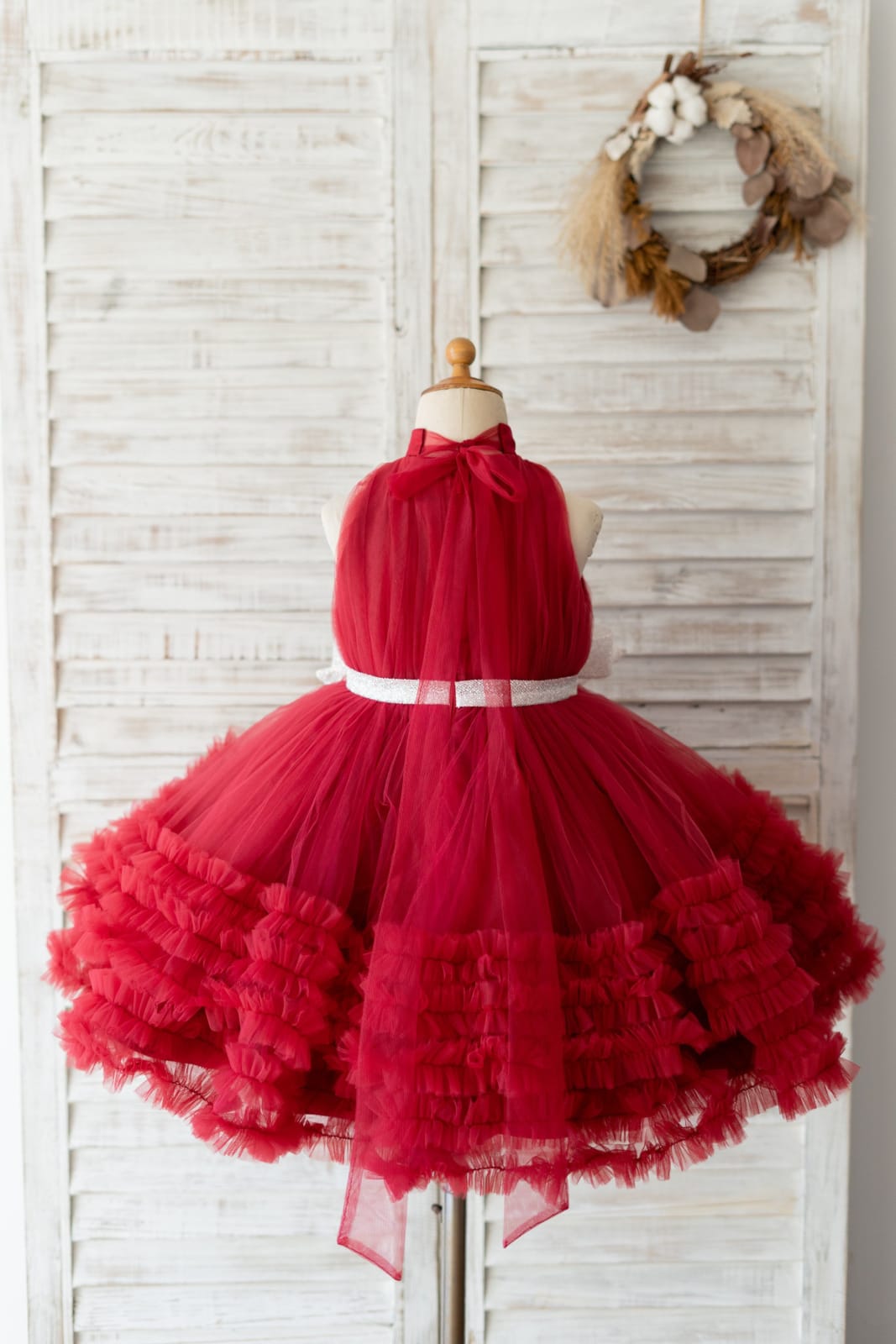 Halter Neck Burgundy Tulle Ruffles Wedding Flower Girl Dress