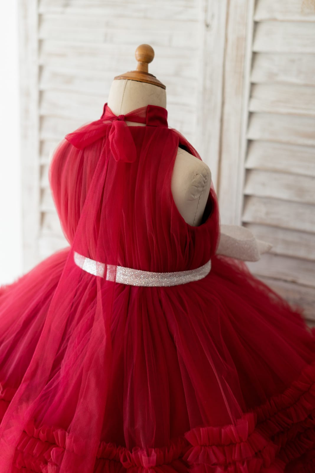 Halter Neck Burgundy Tulle Ruffles Wedding Flower Girl Dress