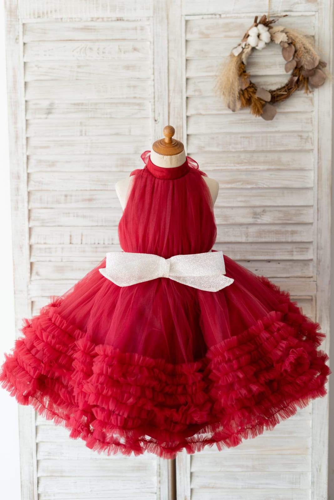 Halter Neck Burgundy Tulle Ruffles Wedding Flower Girl Dress