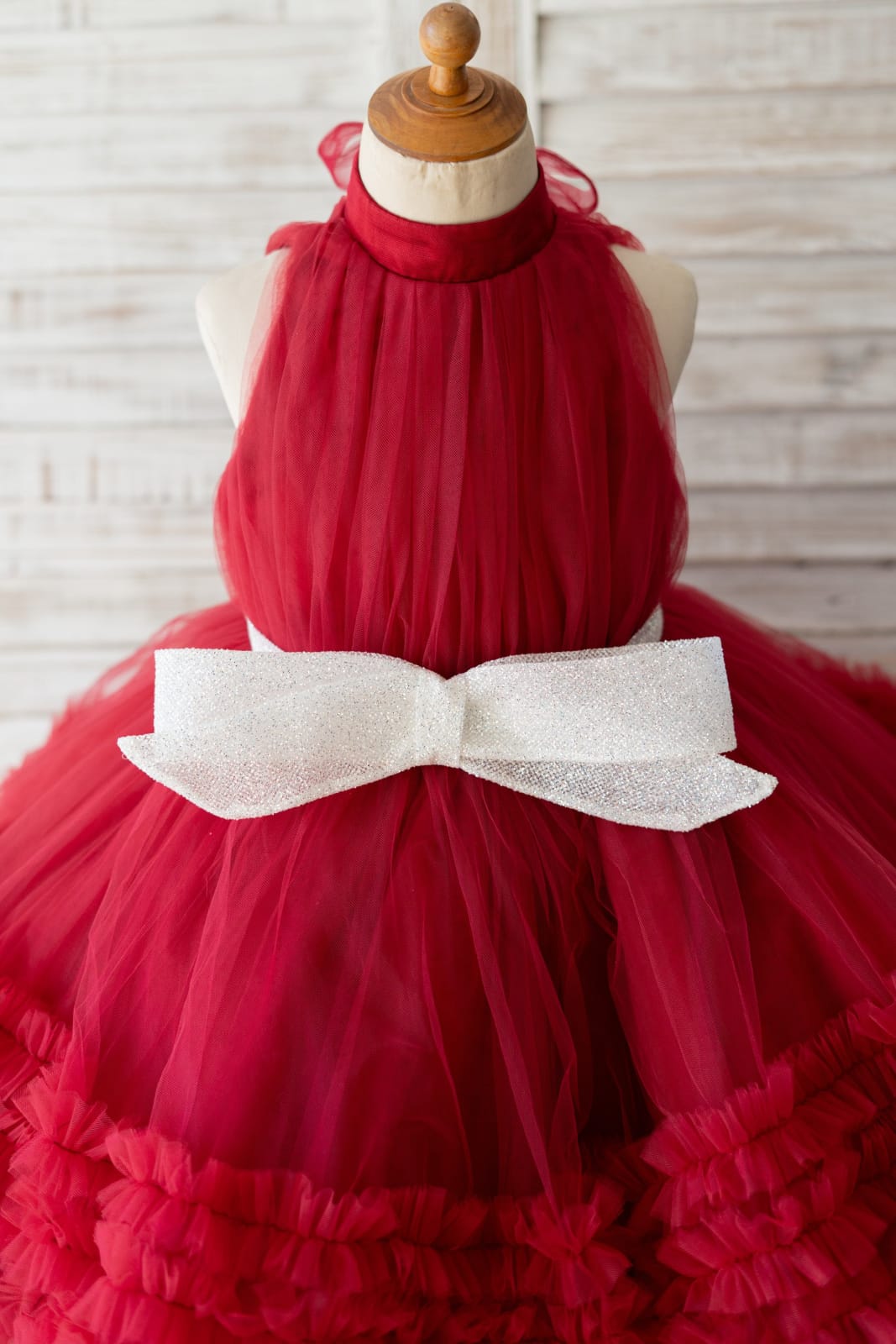 Halter Neck Burgundy Tulle Ruffles Wedding Flower Girl Dress