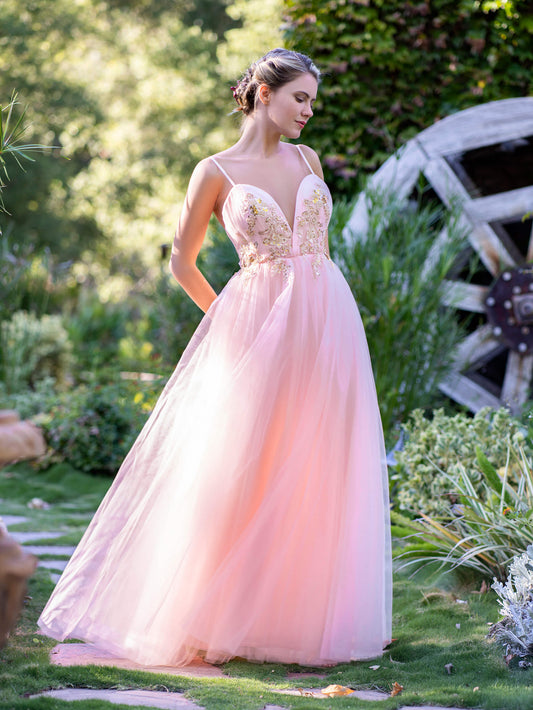 Roycebridal A-line Deep V Neckline Applique Tulle Prom Dress