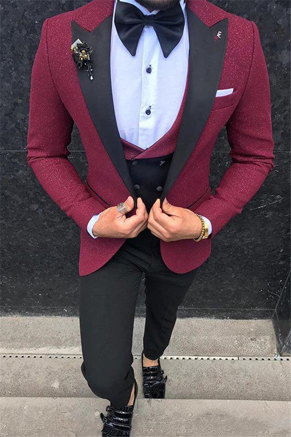 Henry Burgundy Slim Fit Peaked Lapel Three-Piece Men Suits Online-showprettydress