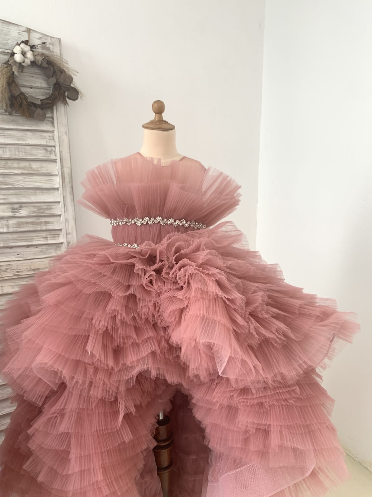 Hi Low Pleated Tulle Wedding Flower Girl Dress Kids Birthday