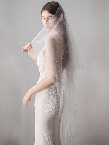 Roycebridal Hip Length Ivory Tulle Wedding Veils with Pearl Drop Veil