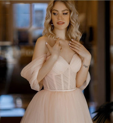 Roycebridal Regina |A Line Pink Tulle Tea Length Prom Dress