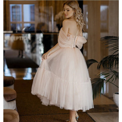 Roycebridal Regina |A Line Pink Tulle Tea Length Prom Dress