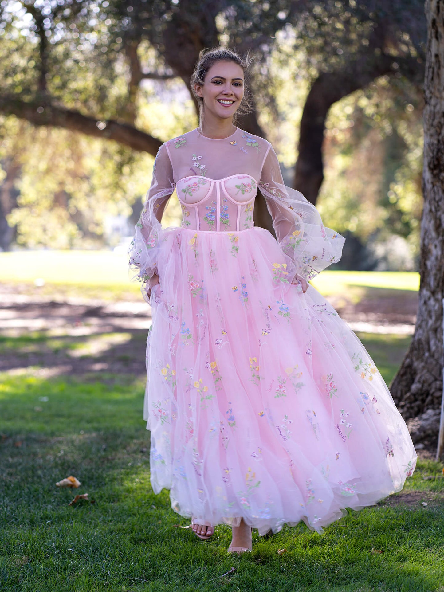 Roycebridal Illusion Neck Floor Length Tulle Pink Prom Dress