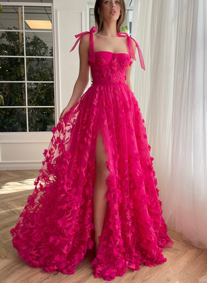 Roycebridal Kayleigh | Fuchsia Elegant A-line 3D Flower Lace Prom Dress With Slit