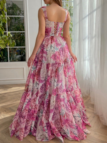 Roycebridal A Line Floral Pink Long Prom Dress