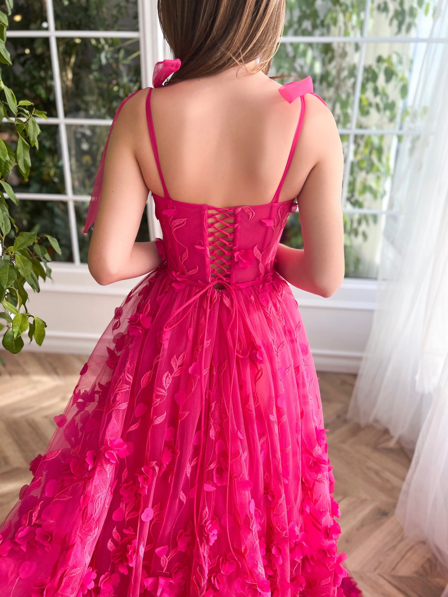 Roycebridal Kayleigh | Fuchsia Elegant A-line 3D Flower Lace Prom Dress With Slit