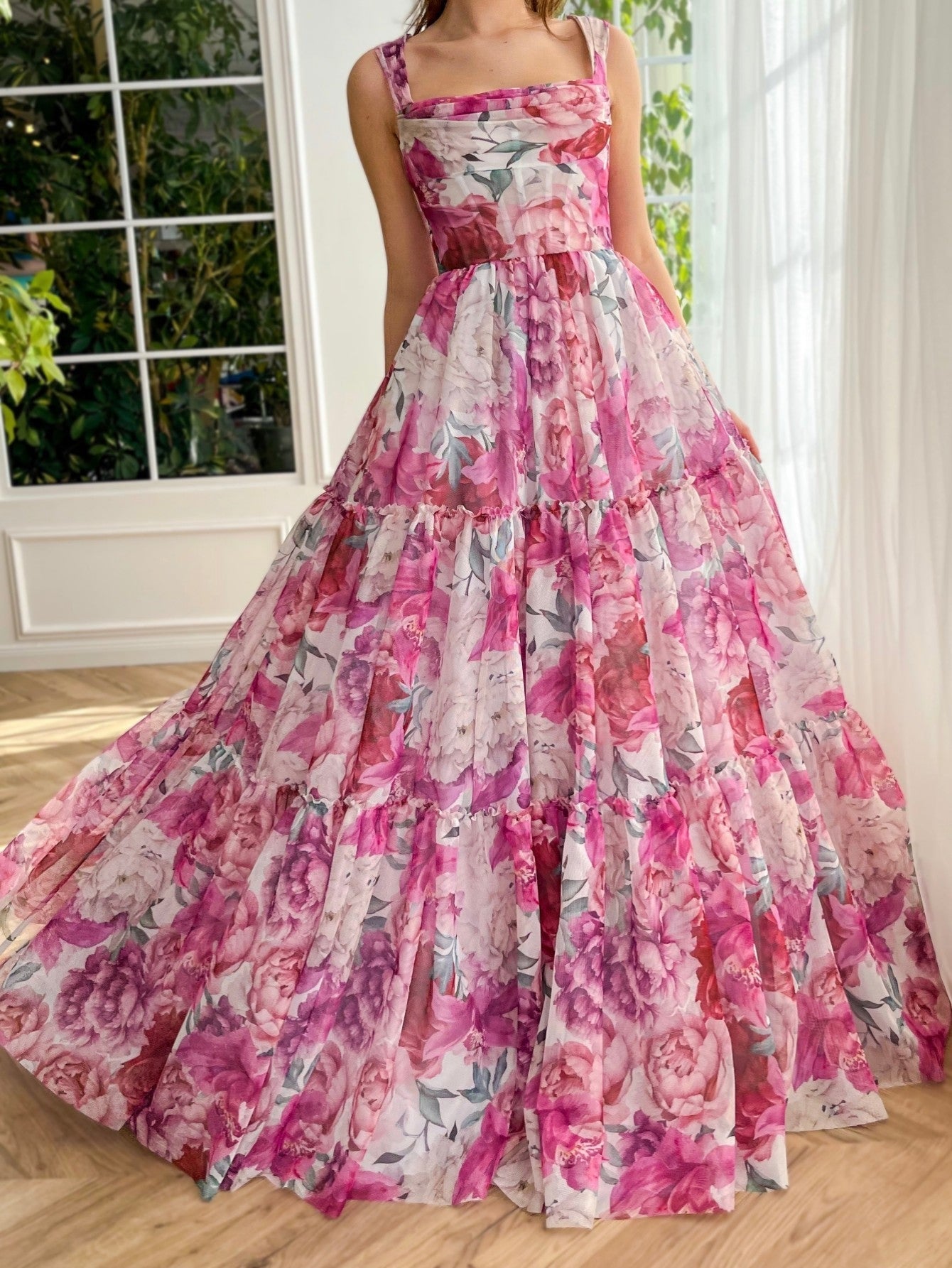 Roycebridal A Line Floral Pink Long Prom Dress