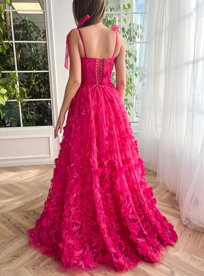 Roycebridal Kayleigh | Fuchsia Elegant A-line 3D Flower Lace Prom Dress With Slit