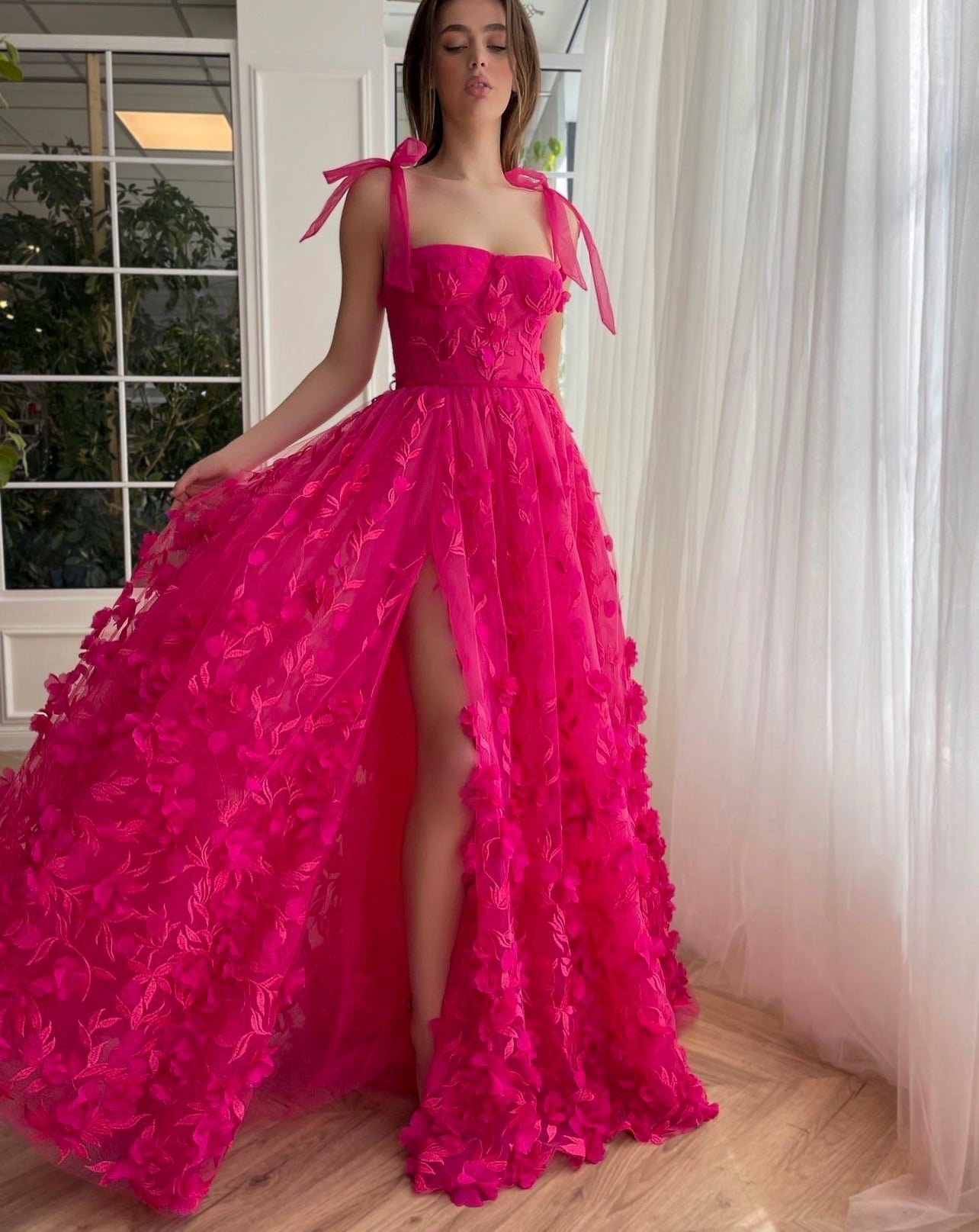 Roycebridal Kayleigh | Fuchsia Elegant A-line 3D Flower Lace Prom Dress With Slit