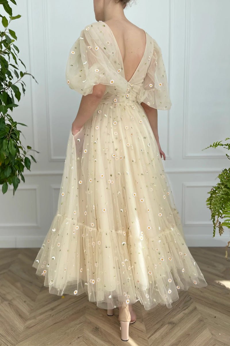 Elliott | A-line V Neck Sea of Daisies Dress Engagement Ankle Length Half Sleeve High Neck Tulle with Buttons Pleats