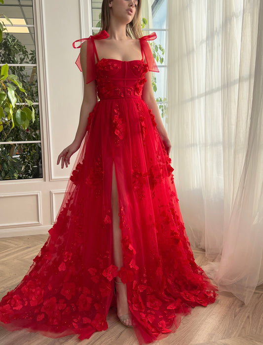 Roycebridal Cameron | Scarlet Lace A-line 3D Flower Long Prom Dress With Slit