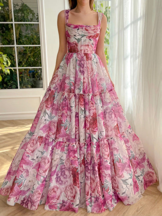 Roycebridal A Line Floral Pink Long Prom Dress