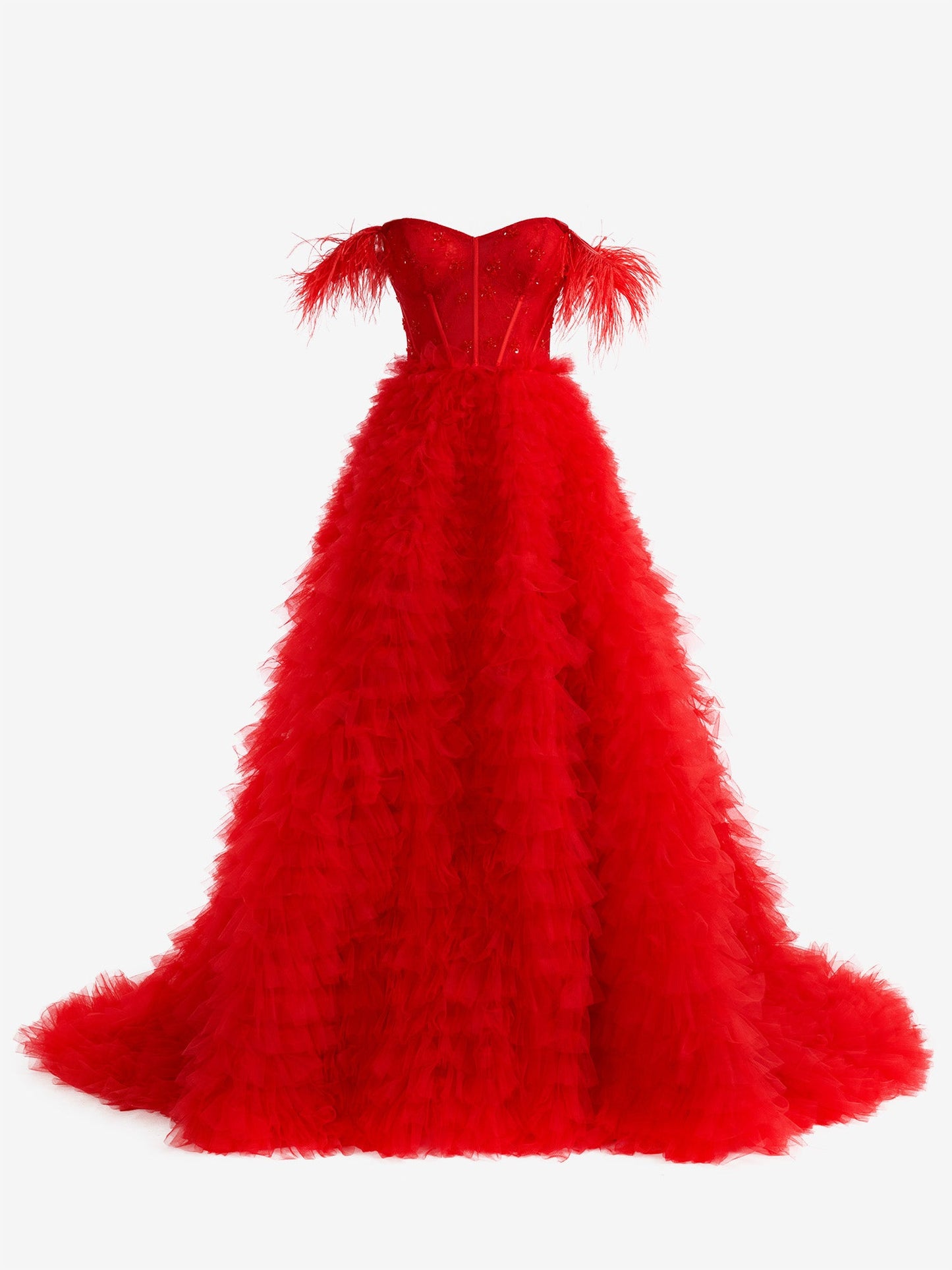 Roycebridal Ingrid |Red A Line Sweetheart Tiered Tulle Long Prom Dress With Slit