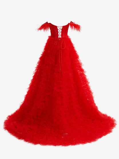 Roycebridal Ingrid |Red A Line Sweetheart Tiered Tulle Long Prom Dress With Slit