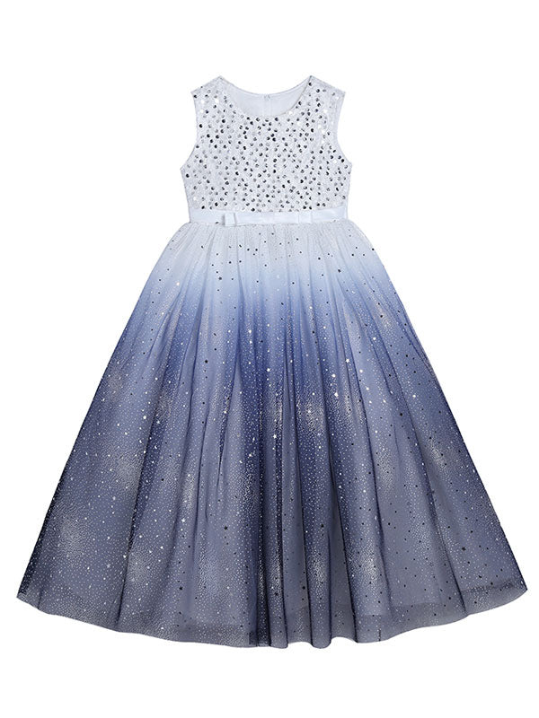 Ink Blue Jewel Neck Sleeveless Sequins Kids Social Party Dresses Princess Dress-showprettydress