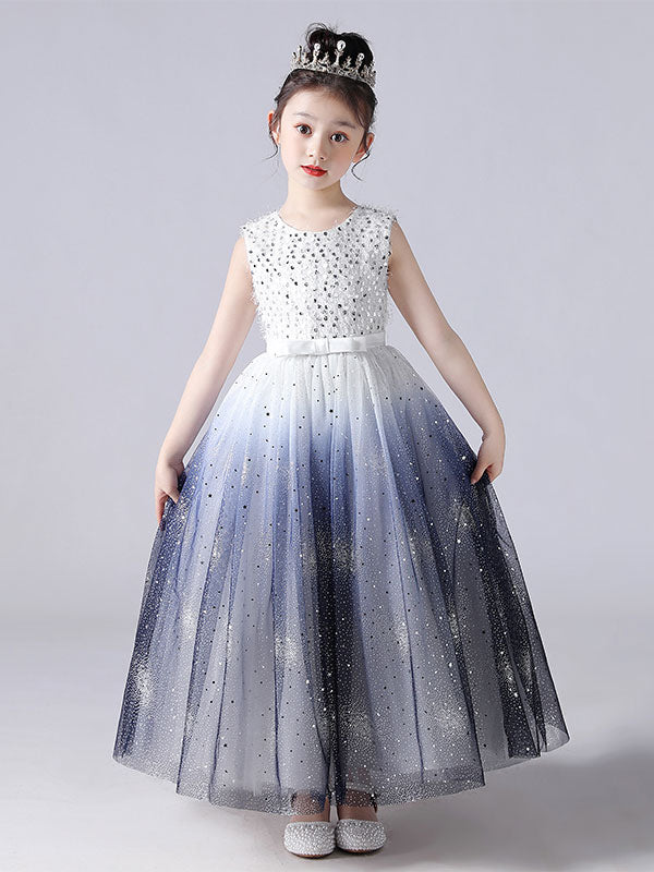 Ink Blue Jewel Neck Sleeveless Sequins Kids Social Party Dresses Princess Dress-showprettydress