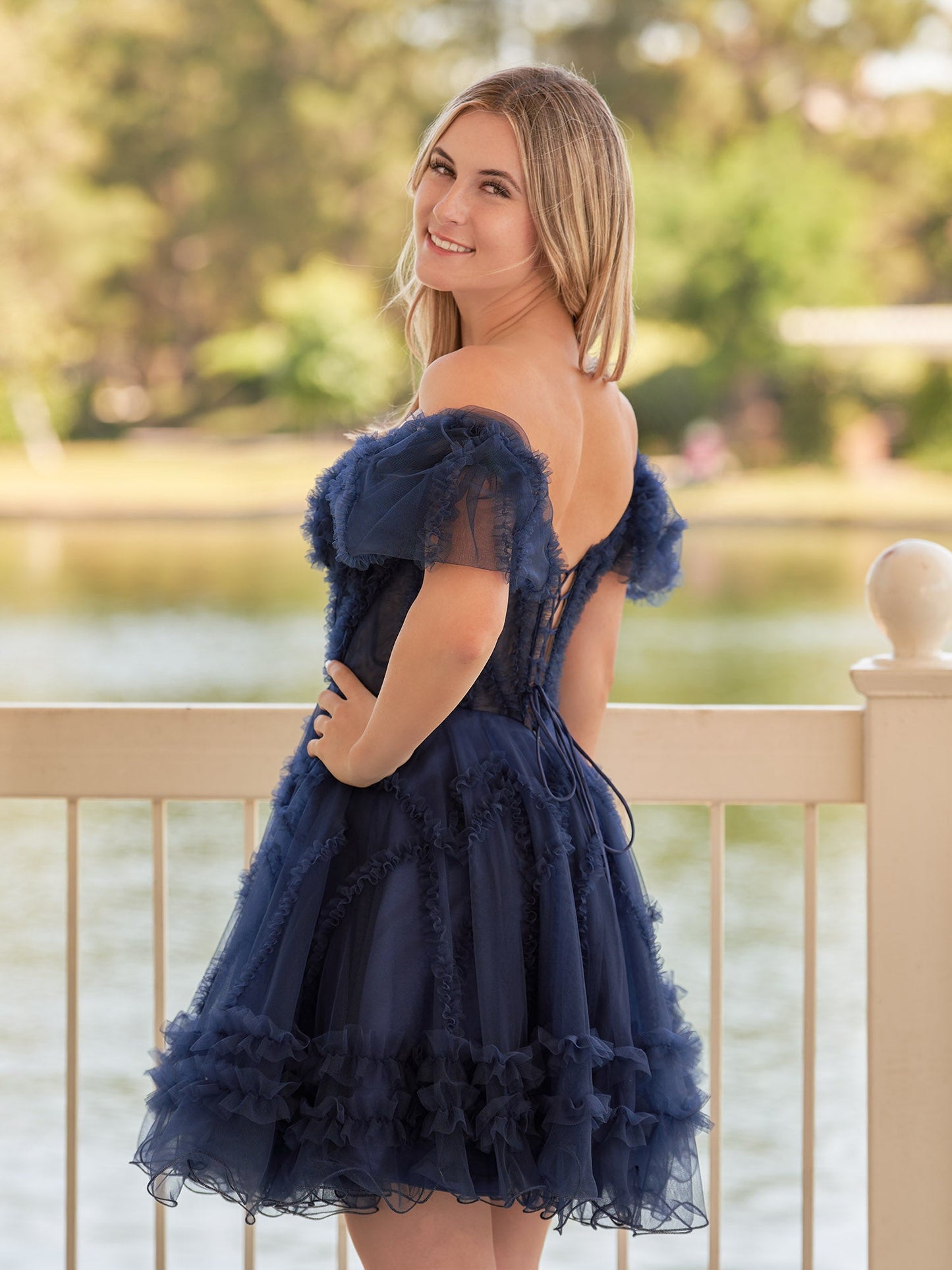 Naomi | A Line Sweetheart Puff Sleeves Short Homecoming Dress With Ruffles