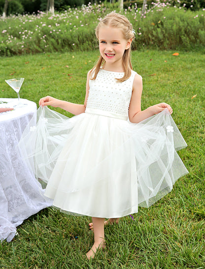 Ivory Boho Pearls Beaded Satin Sash Short Kids Toddlers Party Tutu Dress-showprettydress