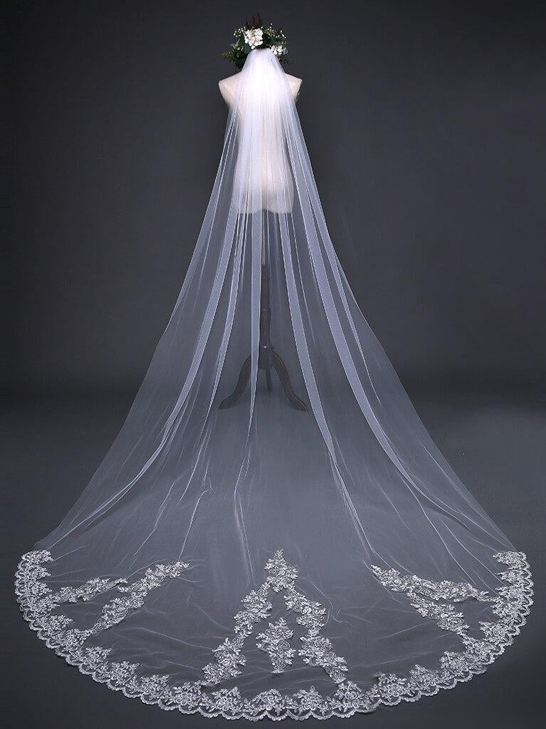 Roycebridal Ivory Cathedral Veils with Lace and Beaded Hemline