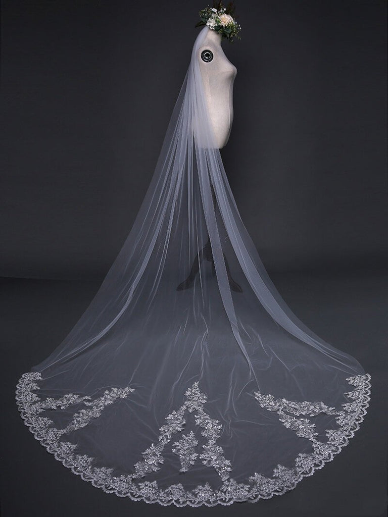 Roycebridal Ivory Cathedral Veils with Lace and Beaded Hemline