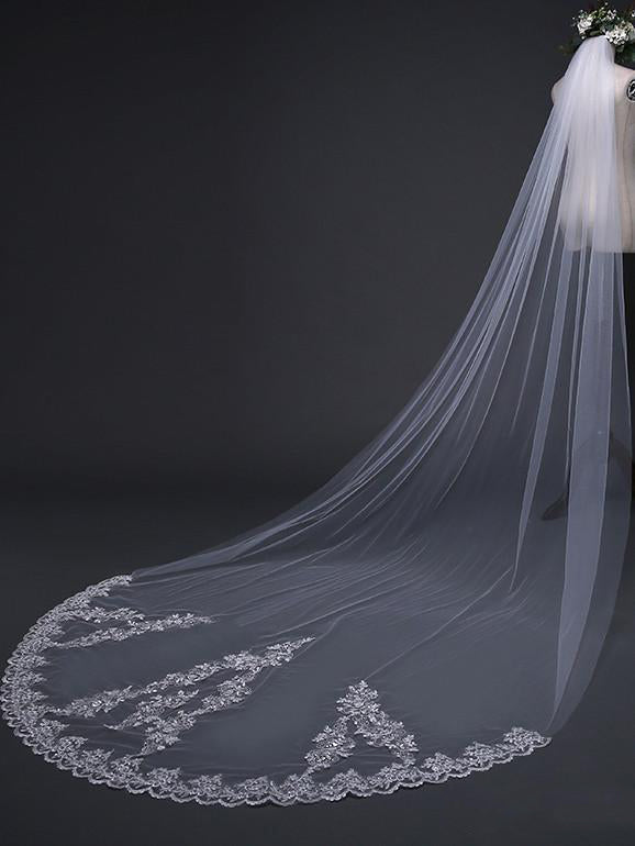 Roycebridal Ivory Cathedral Veils with Lace and Beaded Hemline