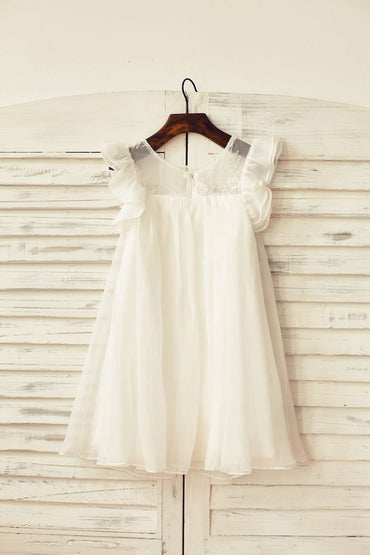 Ivory Chiffon Ruffle Cap Sleeves Flower Girl Dress