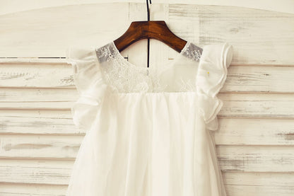 Ivory Chiffon Ruffle Cap Sleeves Flower Girl Dress