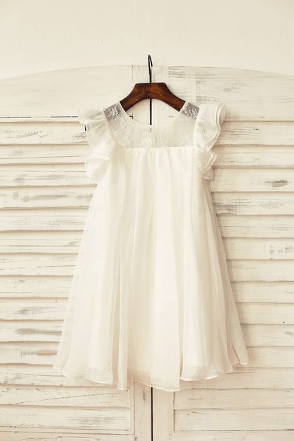 Ivory Chiffon Ruffle Cap Sleeves Flower Girl Dress