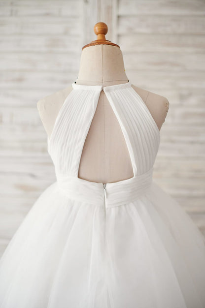 Ivory Chiffon Tulle Halter Neck Keyhole Back Wedding Flower 