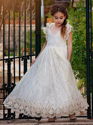 Ivory Jewel Neck Lace Short Sleeves Floor-Length A-Line Lace Kids Social Party Dresses-showprettydress