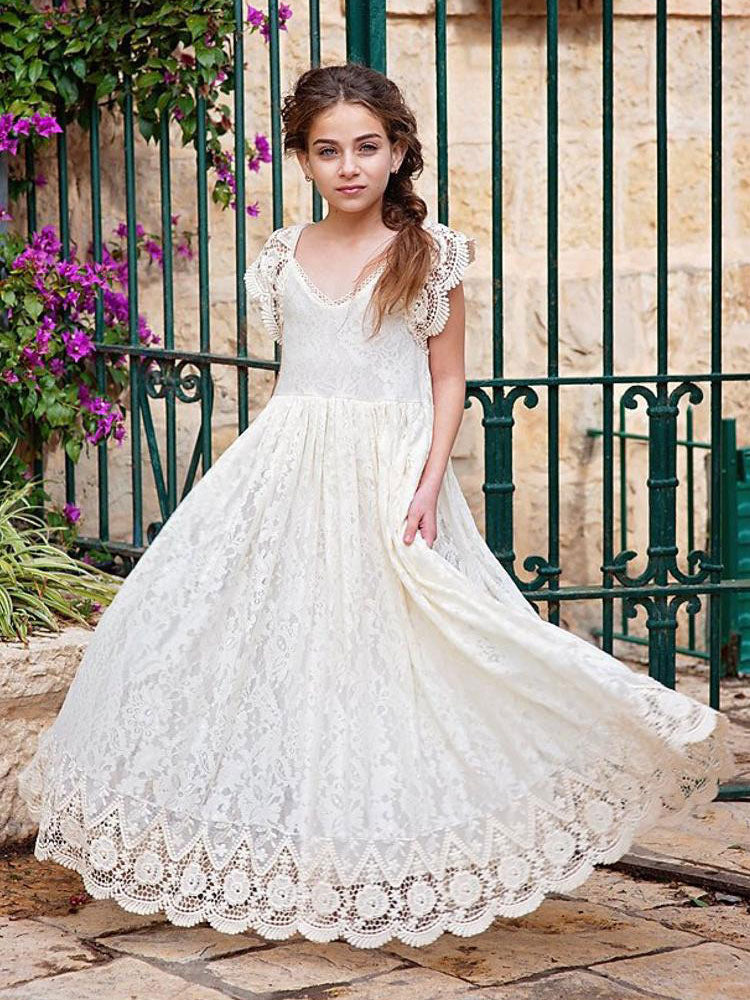 Ivory Jewel Neck Lace Short Sleeves Floor-Length A-Line Lace Kids Social Party Dresses-showprettydress