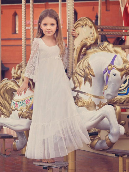 Ivory Jewel Neck Long Sleeves Lace Kids Party Dresses-showprettydress